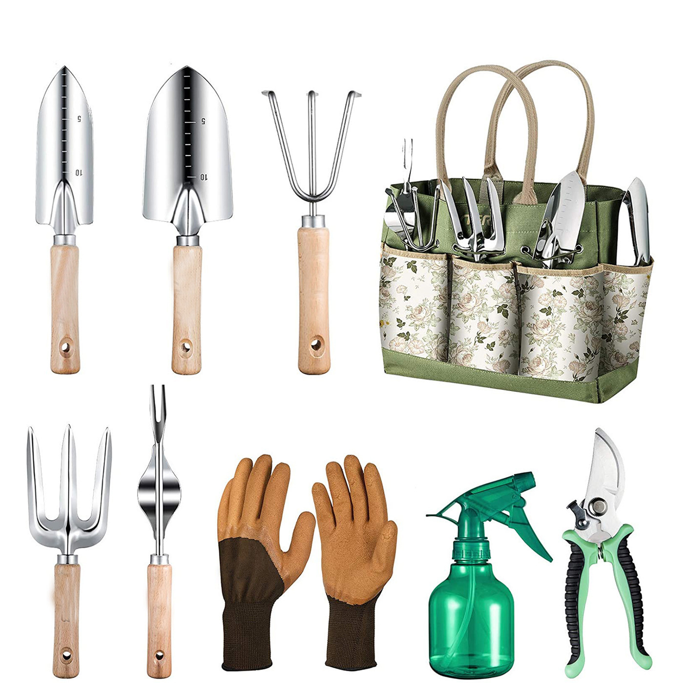 Garden Gloves - ชุดเครื่องมือทำสวน 9 ชิ้น พร้อมชุดเครื่องมือช่างสแตนเลสแบบหนาพิเศษ กระเป๋าเก็บของทนทาน ถุงมือยางกันลื่นสำหรับผู้หญิง