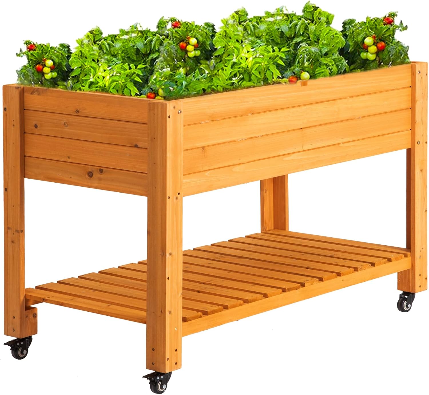 Raised Garden Bed - แปลงปลูกผักยกพื้นแบบเคลื่อนย้ายได้ ทำจากไม้ธรรมชาติ พร้อมล้อและแผ่นรอง สำหรับปลูกผักและดอกไม้บนระเบียงหรือลานบ้าน