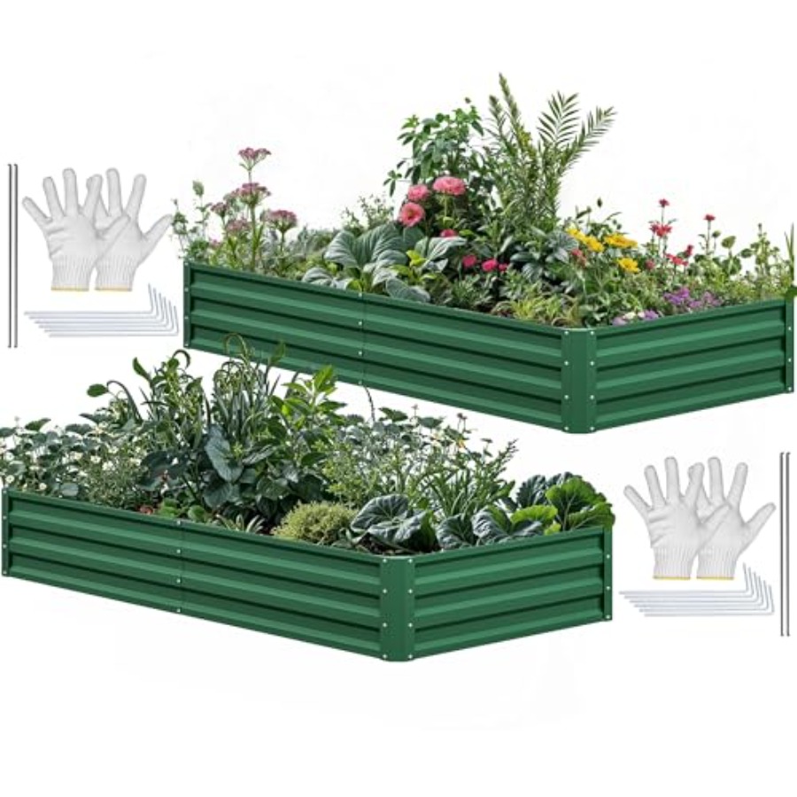 Raised Garden Bed - ชุดอุปกรณ์สำหรับทำแปลงปลูกผักแบบยกสูง สำหรับใช้งานภายนอกอาคาร ทำจากเหล็กชุบสังกะสี สีเขียว ทนทานต่อการเกิดสนิม และมาพร้อมกับถุงมือและเสาค้ำยัน