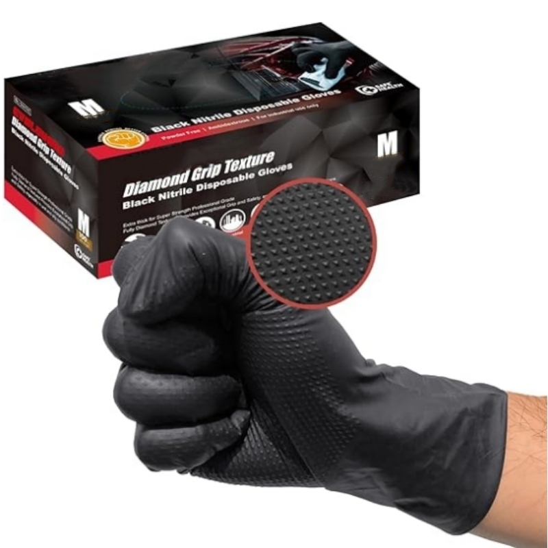 Garden Gloves - ถุงมือไนไตรล์สีดำแบบหนา 8 มิล ถุงมือทำงานแบบใช้แล้วทิ้ง ผิวสัมผัสแบบเพชร ถุงมือป้องกันสำหรับงานอุตสาหกรรม