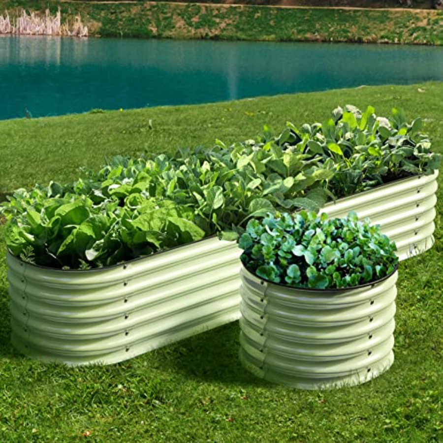 Raised Garden Bed - แปลงปลูกผักแบบยกสูงสำหรับใช้ภายนอกอาคาร ทำจากเหล็กชุบสังกะสี สามารถปรับเปลี่ยนได้ ความสูง 17 นิ้ว