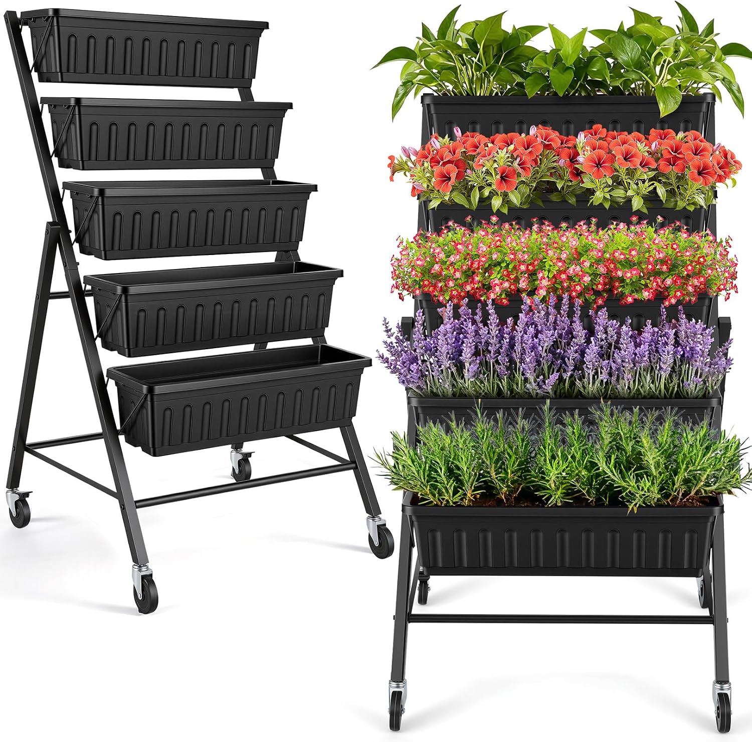 Vertical Planter - แปลงปลูกผักยกสูงแบบตั้งแนวตั้งพร้อมล้อเลื่อน, ชุดกล่องปลูกผักยกสูง 5 ชั้น, ชั้นวางปลูกผักแบบเคลื่อนที่พร้อมระบบระบายน้ำสำหรับปลูกสมุนไพร ผัก
