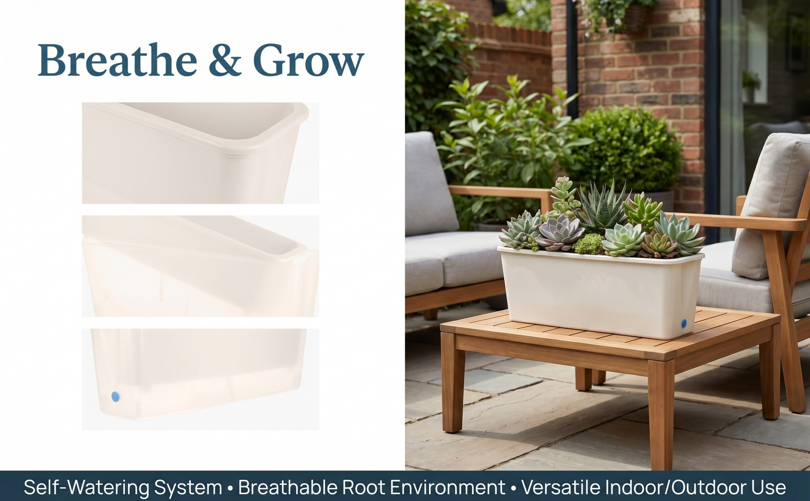 Indoor Herb Garden - กระถางปลูกทรงสี่เหลี่ยมผืนผ้า ระบบรดน้ำอัตโนมัติ ทรงแคบ สำหรับระเบียงยาว ขอบหน้าต่าง ปลูกดอกไม้
