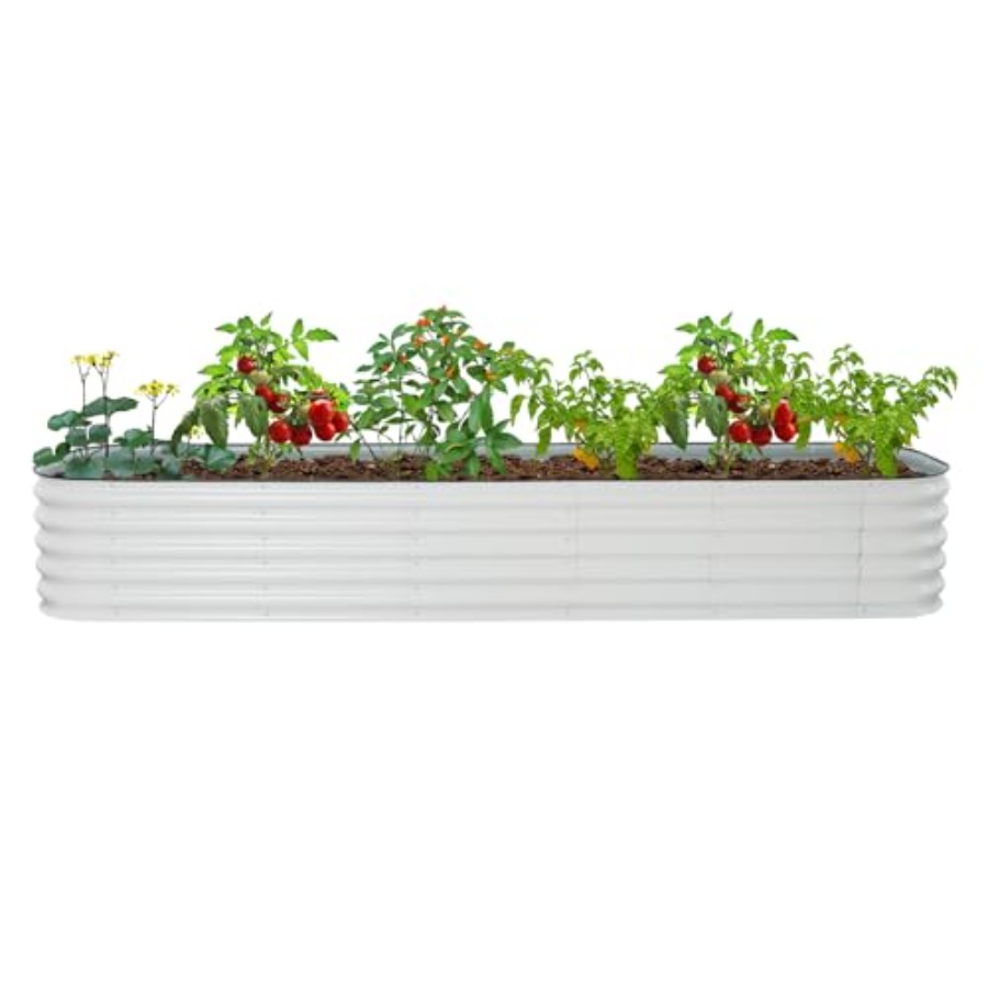 Raised Garden Bed - ชุดแปลงปลูกแบบยกสูงสำหรับปลูกผัก ดอกไม้ และสมุนไพร ทำจากเหล็ก สีขาวมุก สูง